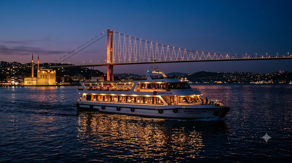 Dinner cruise boat on the Bosphorus in Istanbul at dusk with the illuminated bridge behind