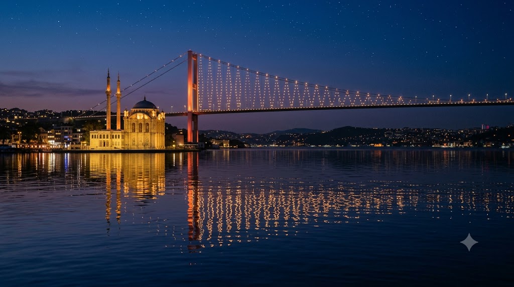 Ortaköy Mosque and the lit-up Bosphorus Bridge seen from a cruise boat at night in Istanbul