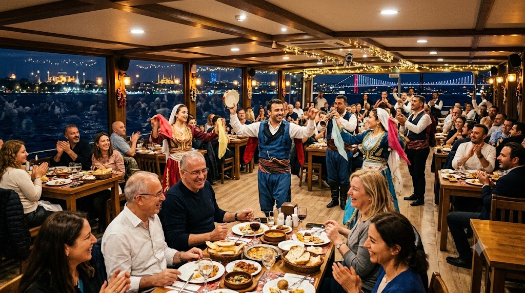 Guests dining and watching a live performance on a Bosphorus dinner cruise in Istanbul